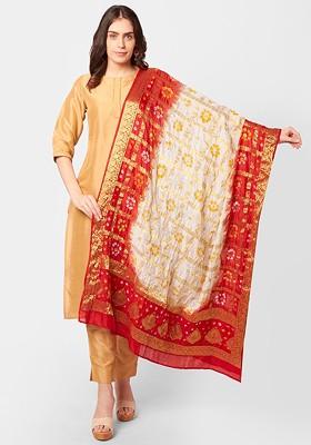 White And Red Banarasi Bhandej Gharchola Silk Dupatta