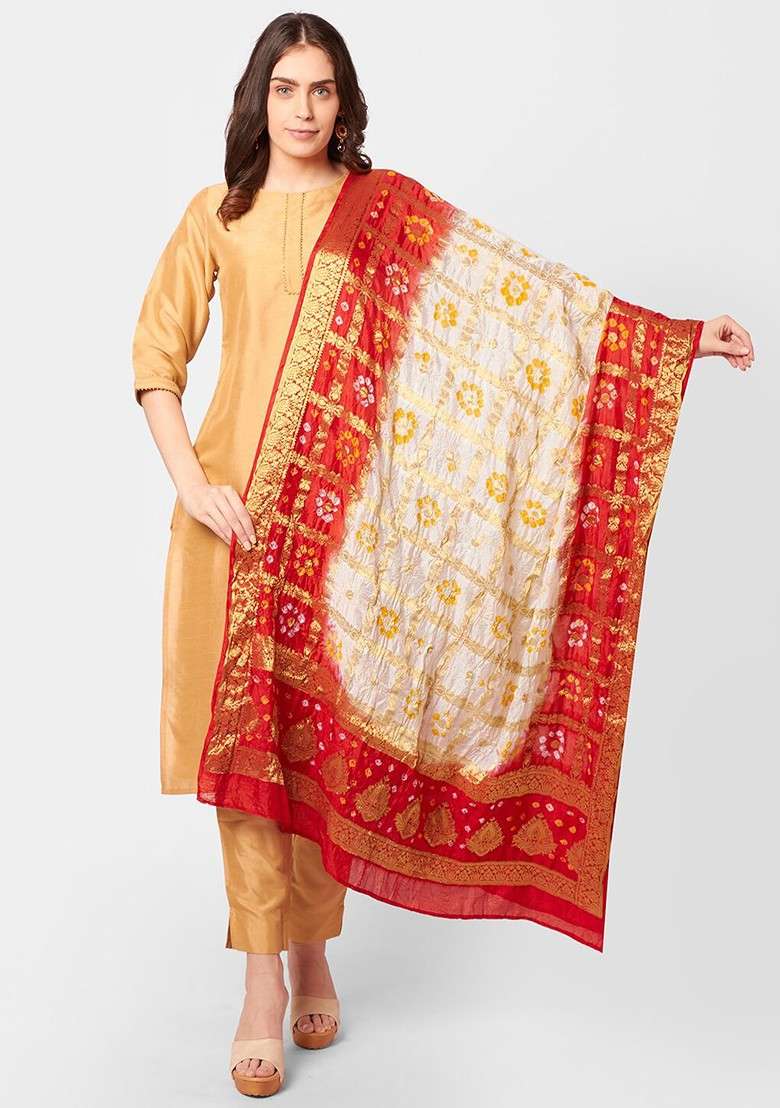 White And Red Banarasi Bhandej Gharchola Silk Dupatta - Indya