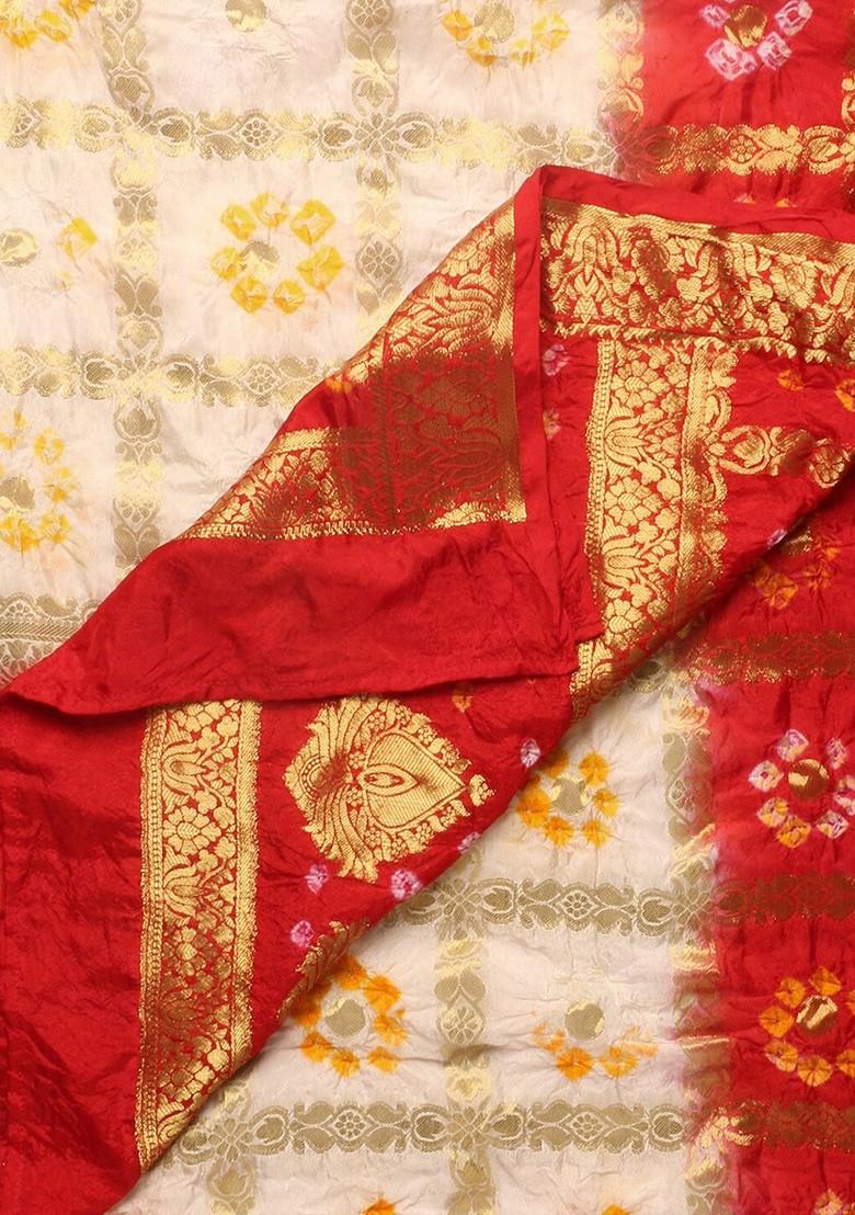 White And Red Banarasi Bhandej Gharchola Silk Dupatta