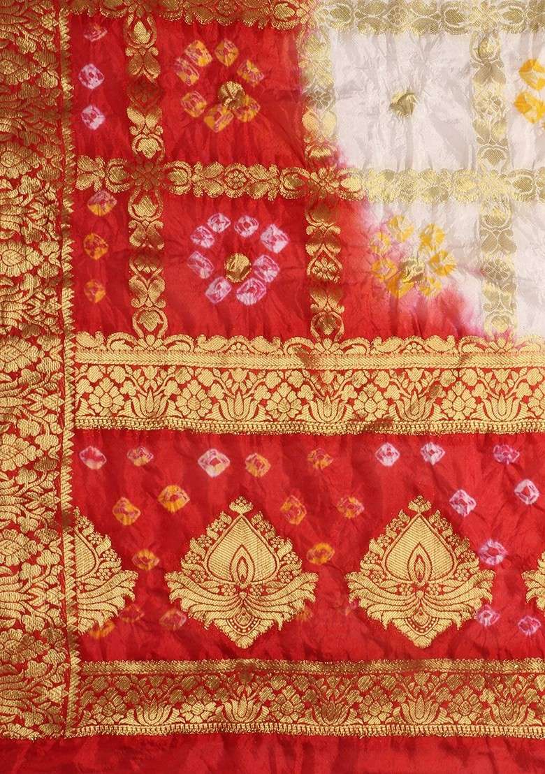 White And Red Banarasi Bhandej Gharchola Silk Dupatta - Indya