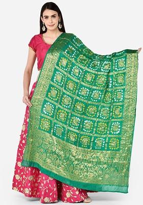 Green And Gold Toned Woven Design Banarasi Gharchola Bandhej Dupatta