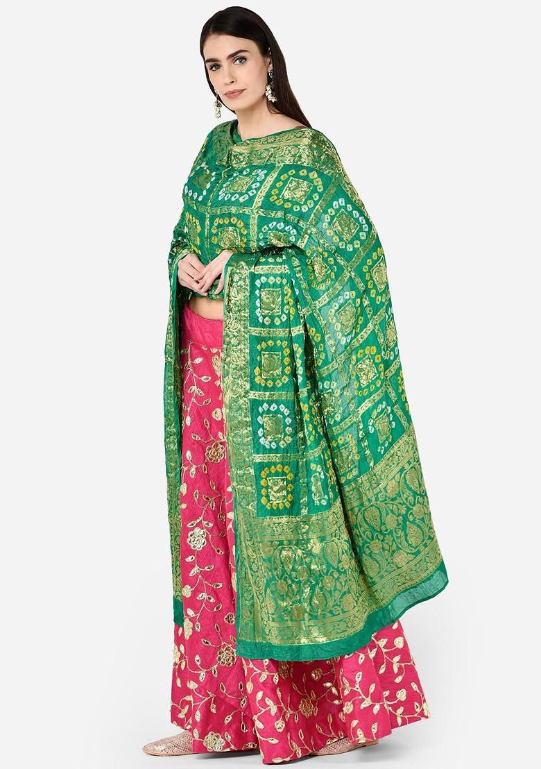 Green And Gold Toned Woven Design Banarasi Gharchola Bandhej Dupatta