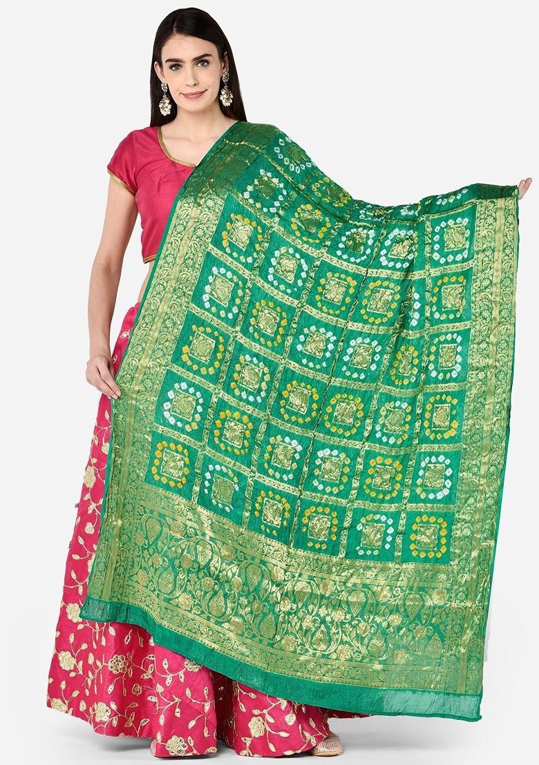 Green And Gold Toned Woven Design Banarasi Gharchola Bandhej Dupatta
