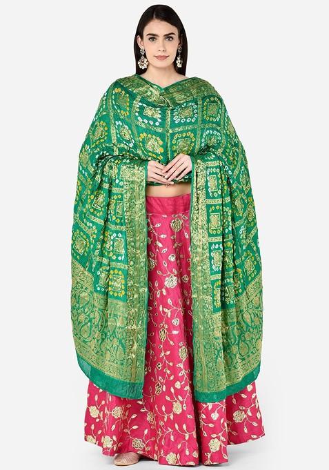 Green And Gold Toned Woven Design Banarasi Gharchola Bandhej Dupatta