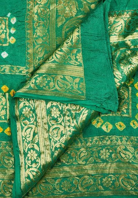 Green And Gold Toned Woven Design Banarasi Gharchola Bandhej Dupatta