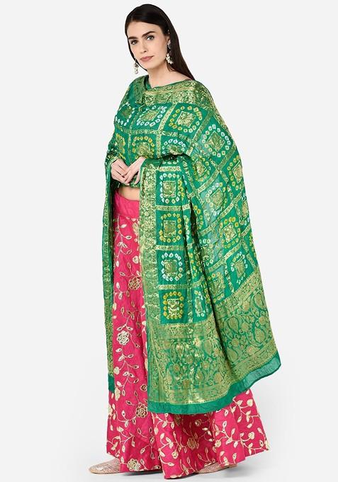 Green And Gold Toned Woven Design Banarasi Gharchola Bandhej Dupatta