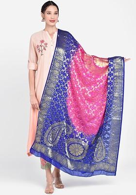 Blue And Pink Woven Design Dupatta