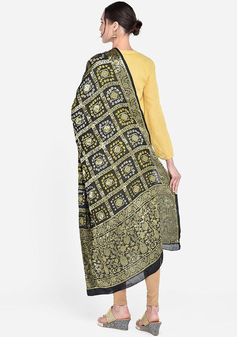 Black And Gold Toned Banarasi Bhandej Gharchola Silk Dupatta