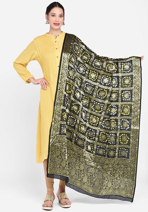 Black And Gold Toned Banarasi Bhandej Gharchola Silk Dupatta