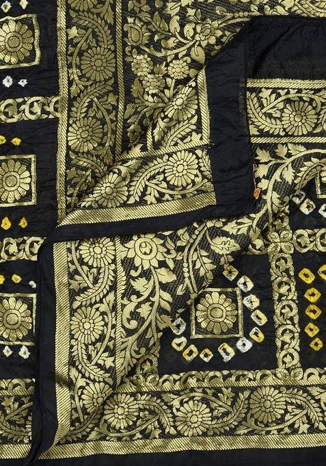 Black And Gold Toned Banarasi Bhandej Gharchola Silk Dupatta