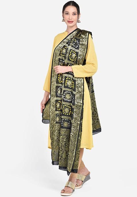Black And Gold Toned Banarasi Bhandej Gharchola Silk Dupatta
