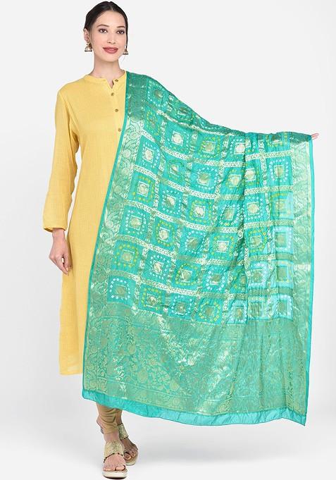 Sea Green And Gold Toned Banarasi Bhandej Gharchola Silk Dupatta