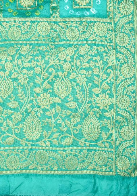 Sea Green And Gold Toned Banarasi Bhandej Gharchola Silk Dupatta