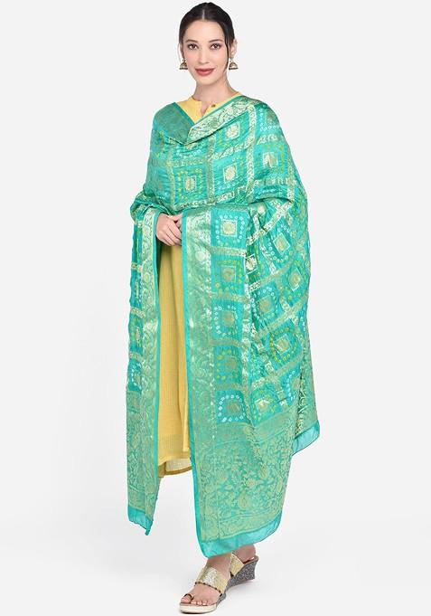 Sea Green And Gold Toned Banarasi Bhandej Gharchola Silk Dupatta