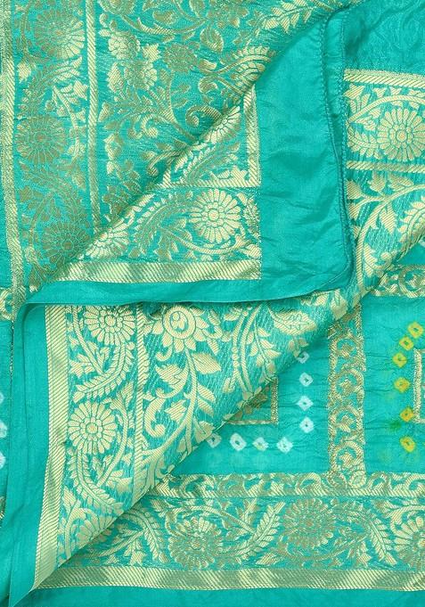 Sea Green And Gold Toned Banarasi Bhandej Gharchola Silk Dupatta