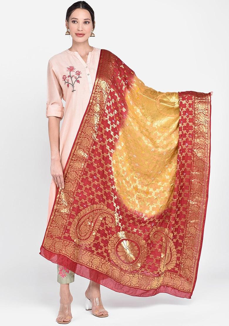 Red And Yellow Woven Design Dupatta