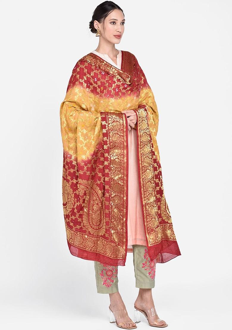 Red And Yellow Woven Design Dupatta