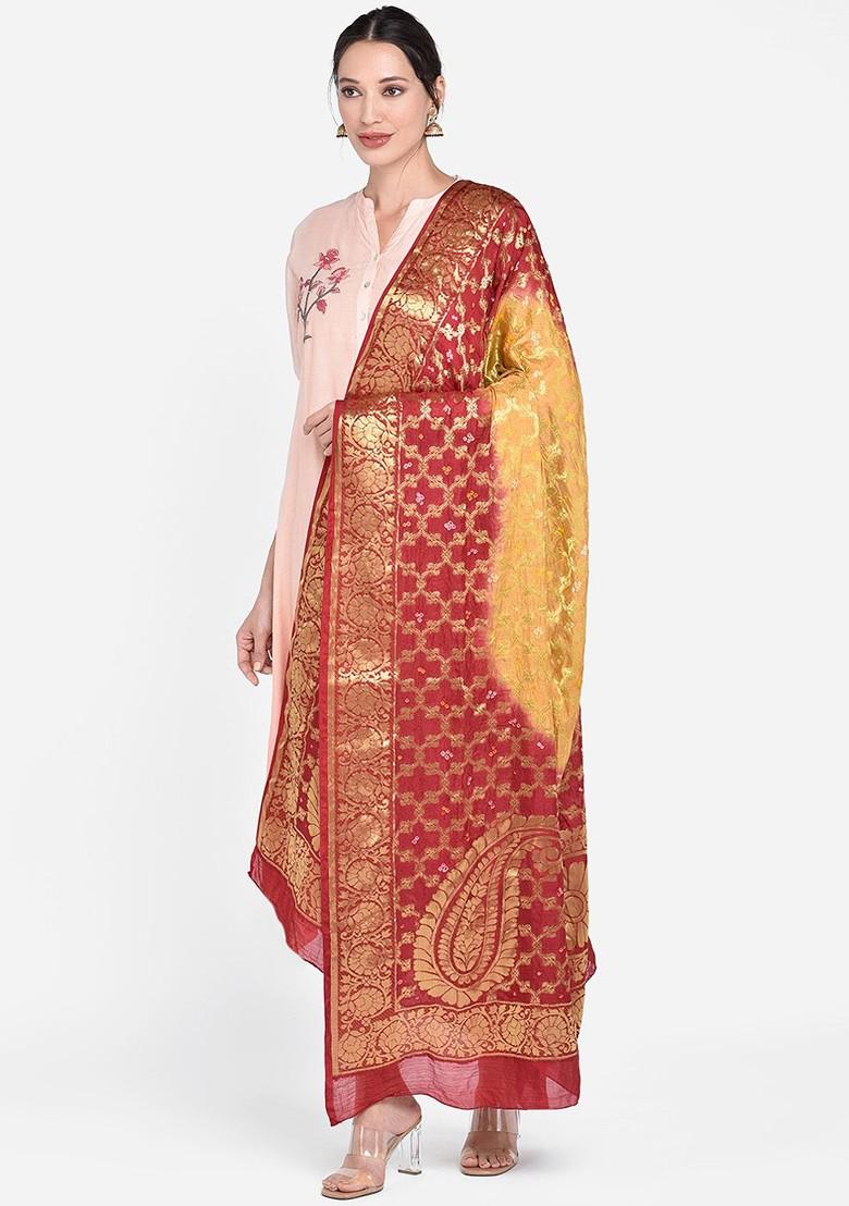 Red And Yellow Woven Design Dupatta