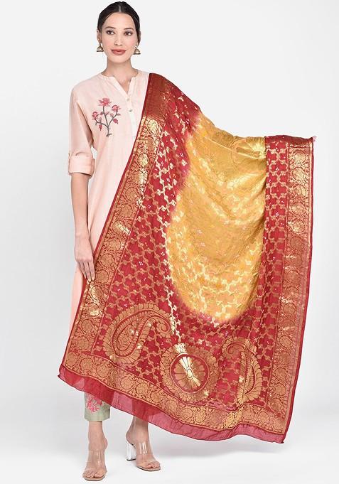 Red And Yellow Woven Design Dupatta