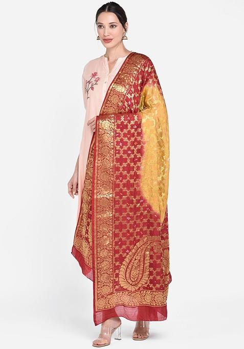 Red And Yellow Woven Design Dupatta