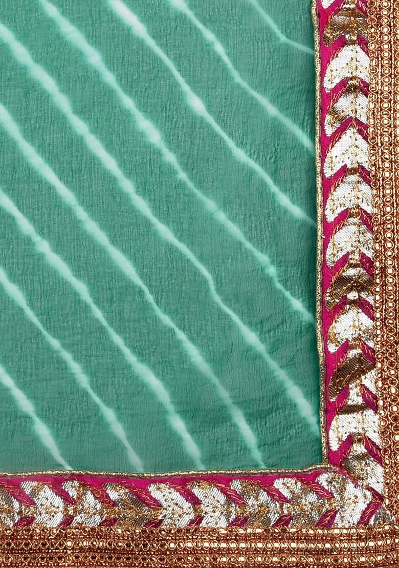 Green And White Leheriya Patterned Gotta Patti Dupatta