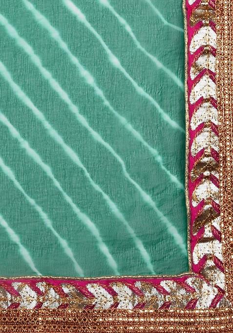 Green And White Leheriya Patterned Gotta Patti Dupatta