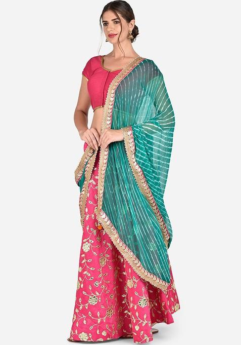 Green And White Leheriya Patterned Gotta Patti Dupatta