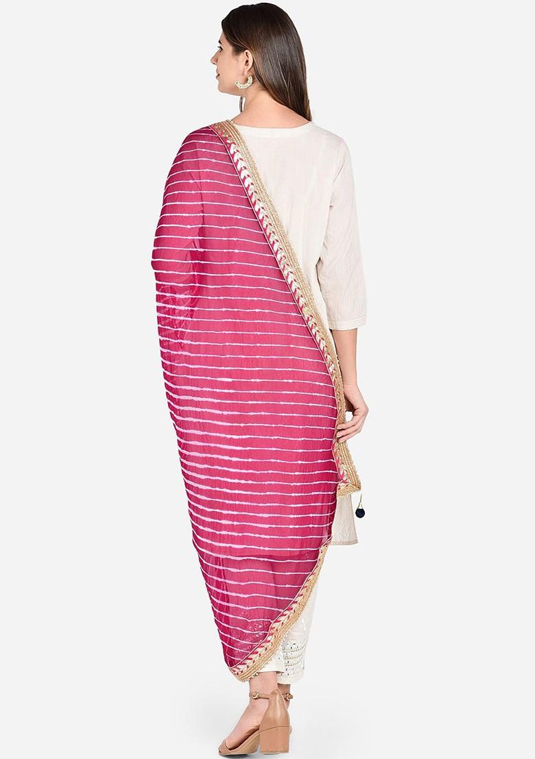 Women Pink And Off White Striped Leheriya Dupatta