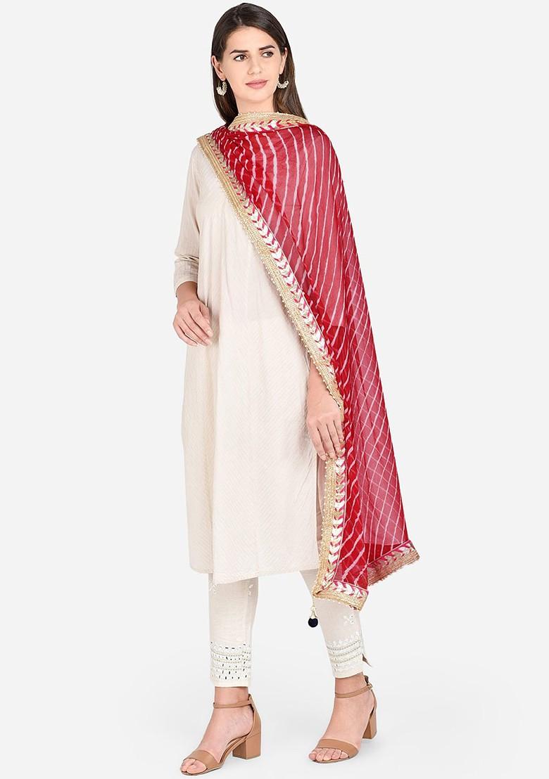Women Red And Off White Striped Dupatta