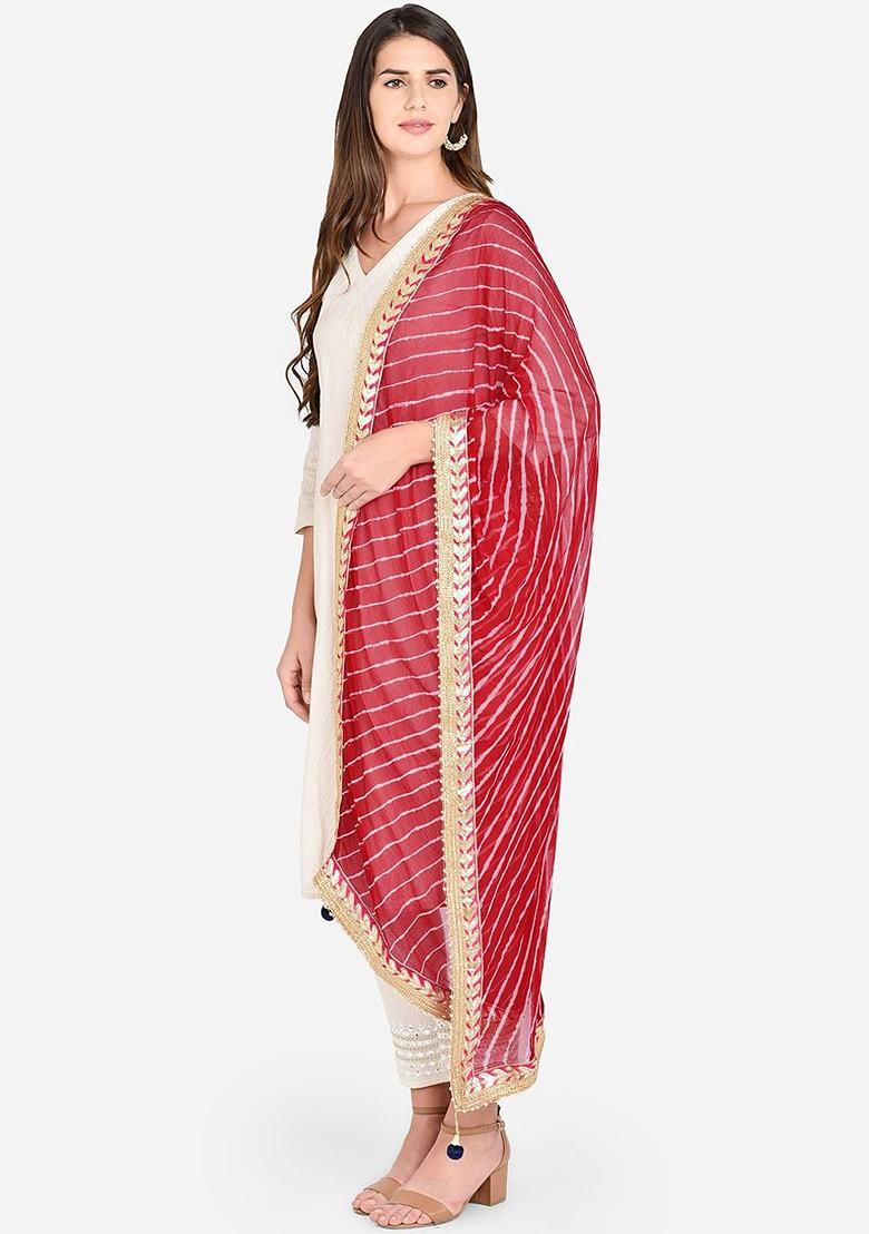 Women Red And Off White Striped Dupatta
