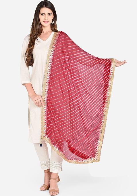 Women Red And Off White Striped Dupatta