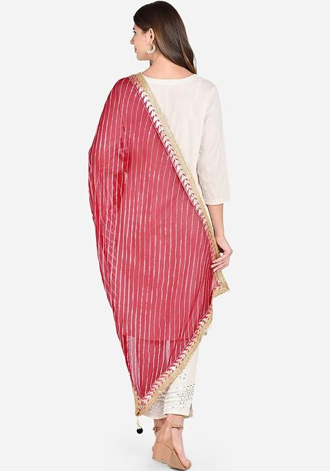 Women Red And Off White Striped Dupatta