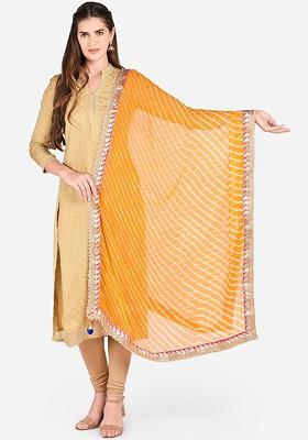 Women Yellow And White Leheriya Gotta Patti Dupatta