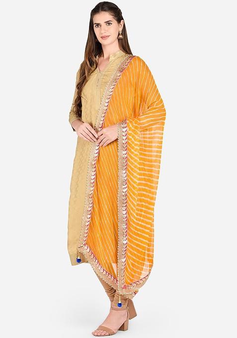 Women Yellow And White Leheriya Gotta Patti Dupatta