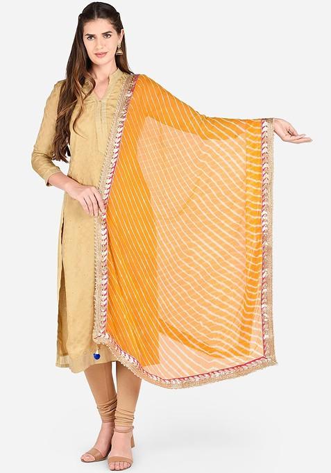 Women Yellow And White Leheriya Gotta Patti Dupatta