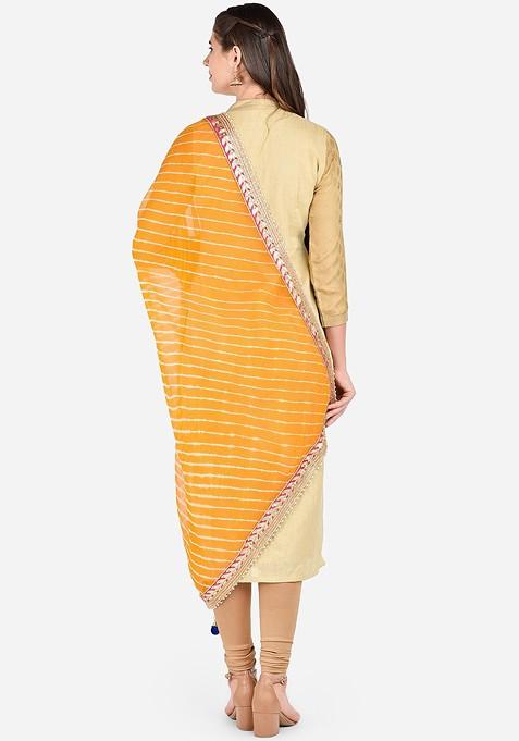 Women Yellow And White Leheriya Gotta Patti Dupatta