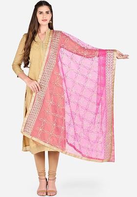 Pink And Gold Toned Gotta Patti Embroidered Dupatta