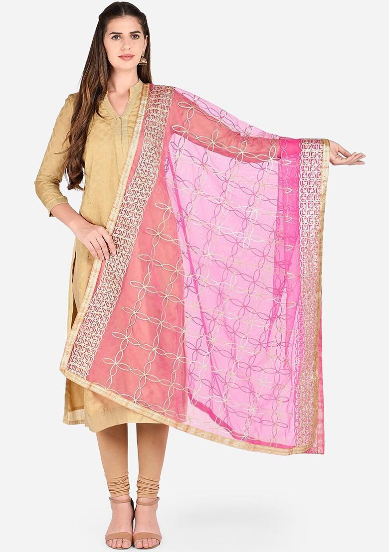 Pink And Gold Toned Gotta Patti Embroidered Dupatta