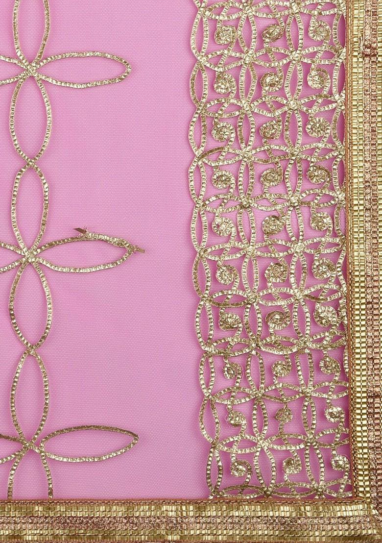 Pink And Gold Toned Gotta Patti Embroidered Dupatta