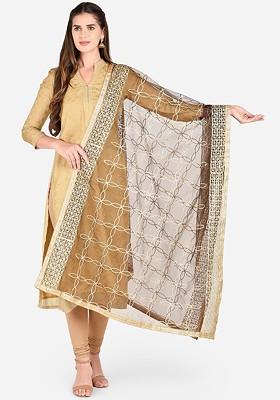 Brown And Gold Toned Gotta Patti Embroidered Dupatta
