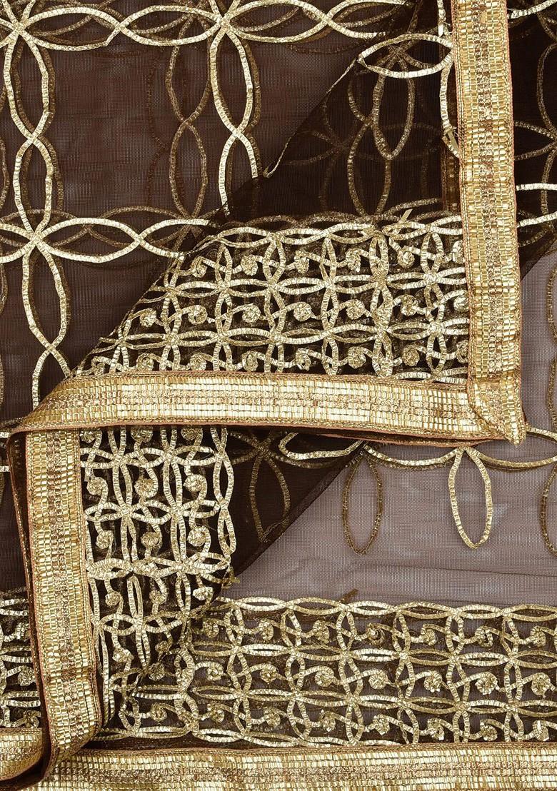 Brown And Gold Toned Gotta Patti Embroidered Dupatta