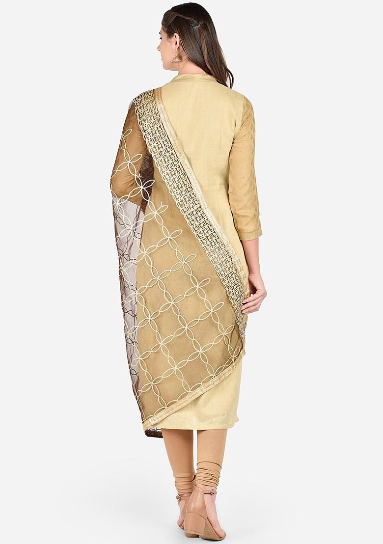 Brown And Gold Toned Gotta Patti Embroidered Dupatta