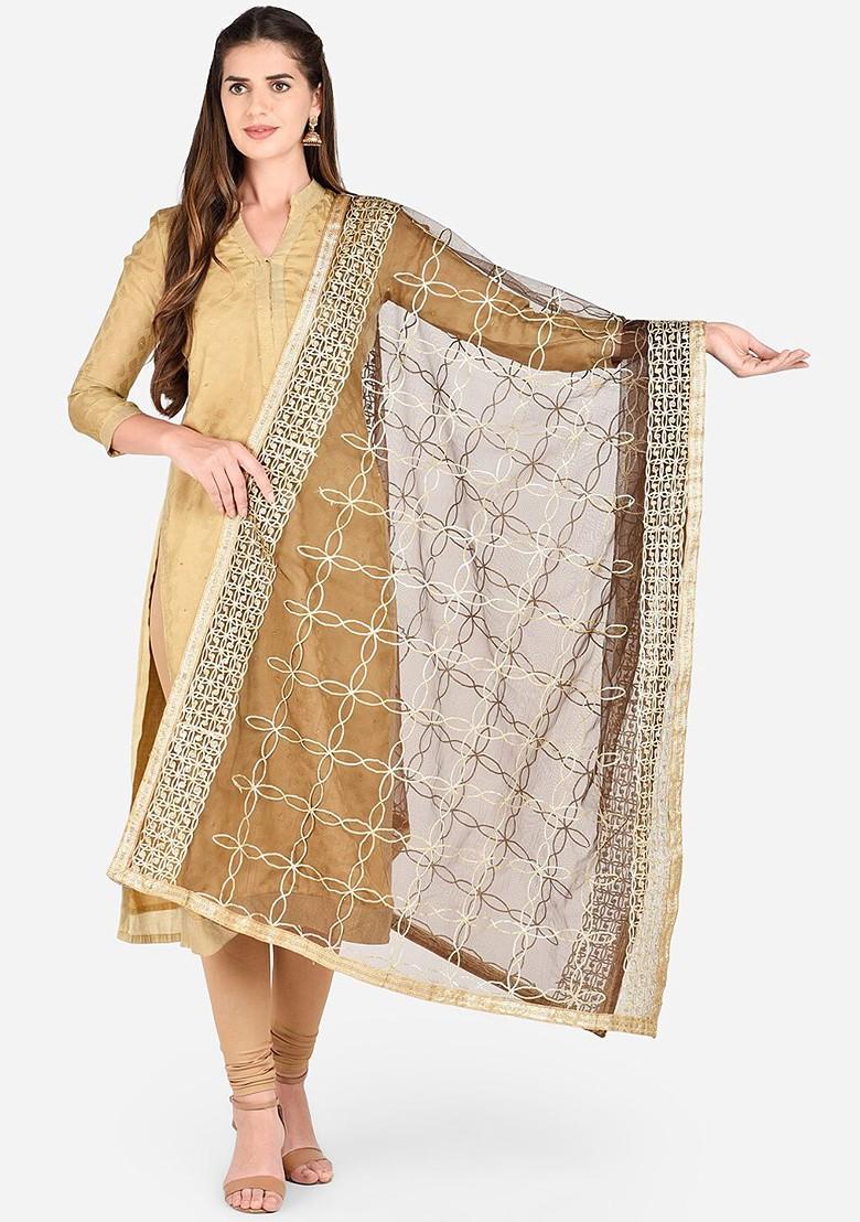 Brown And Gold Toned Gotta Patti Embroidered Dupatta
