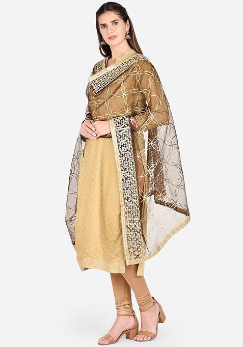 Brown And Gold Toned Gotta Patti Embroidered Dupatta