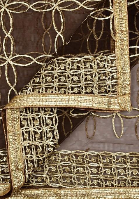 Brown And Gold Toned Gotta Patti Embroidered Dupatta