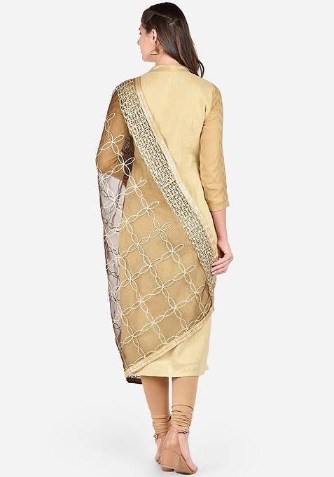 Brown And Gold Toned Gotta Patti Embroidered Dupatta