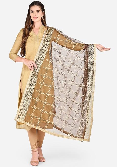 Brown And Gold Toned Gotta Patti Embroidered Dupatta