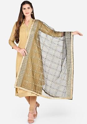 Black And Gold Toned Gotta Patti Embroidered Dupatta