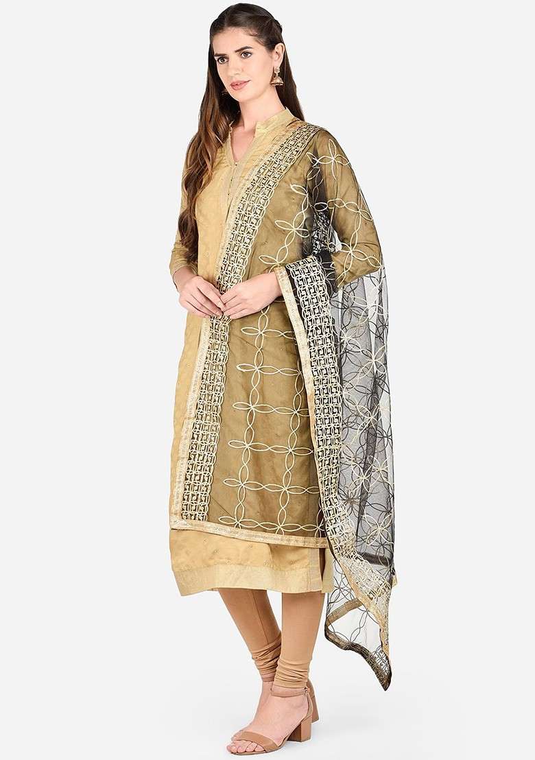 Black And Gold Toned Gotta Patti Embroidered Dupatta - Indya