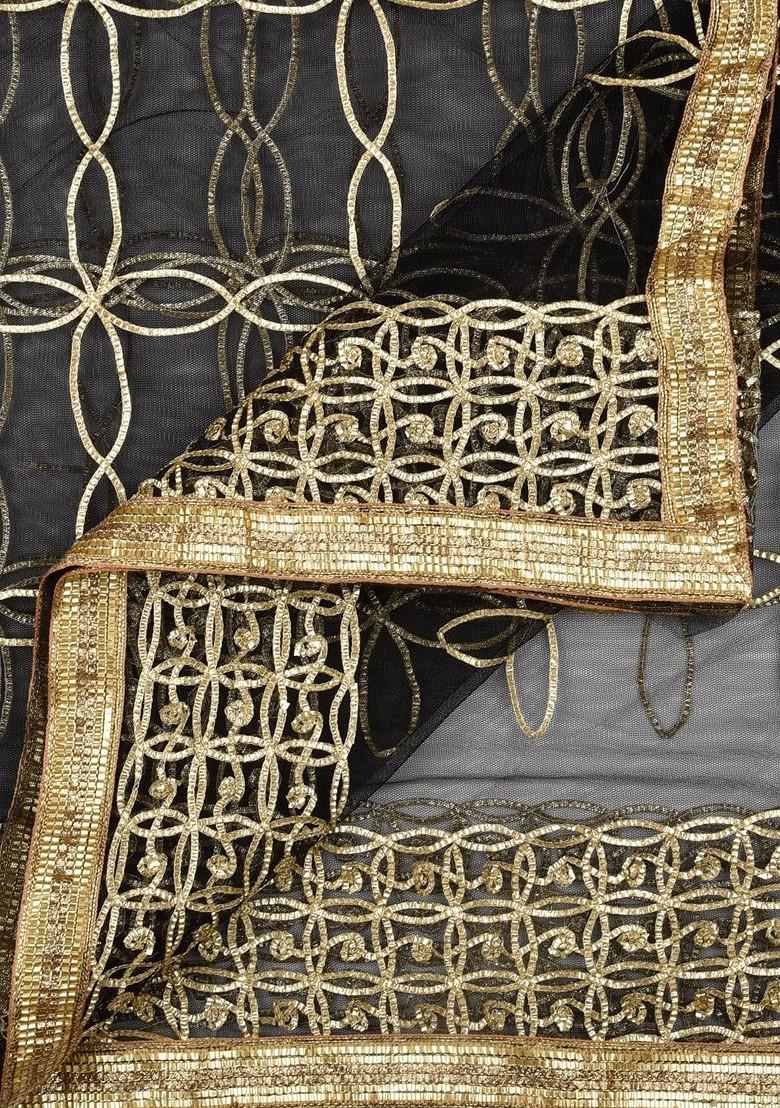 Black And Gold Toned Gotta Patti Embroidered Dupatta